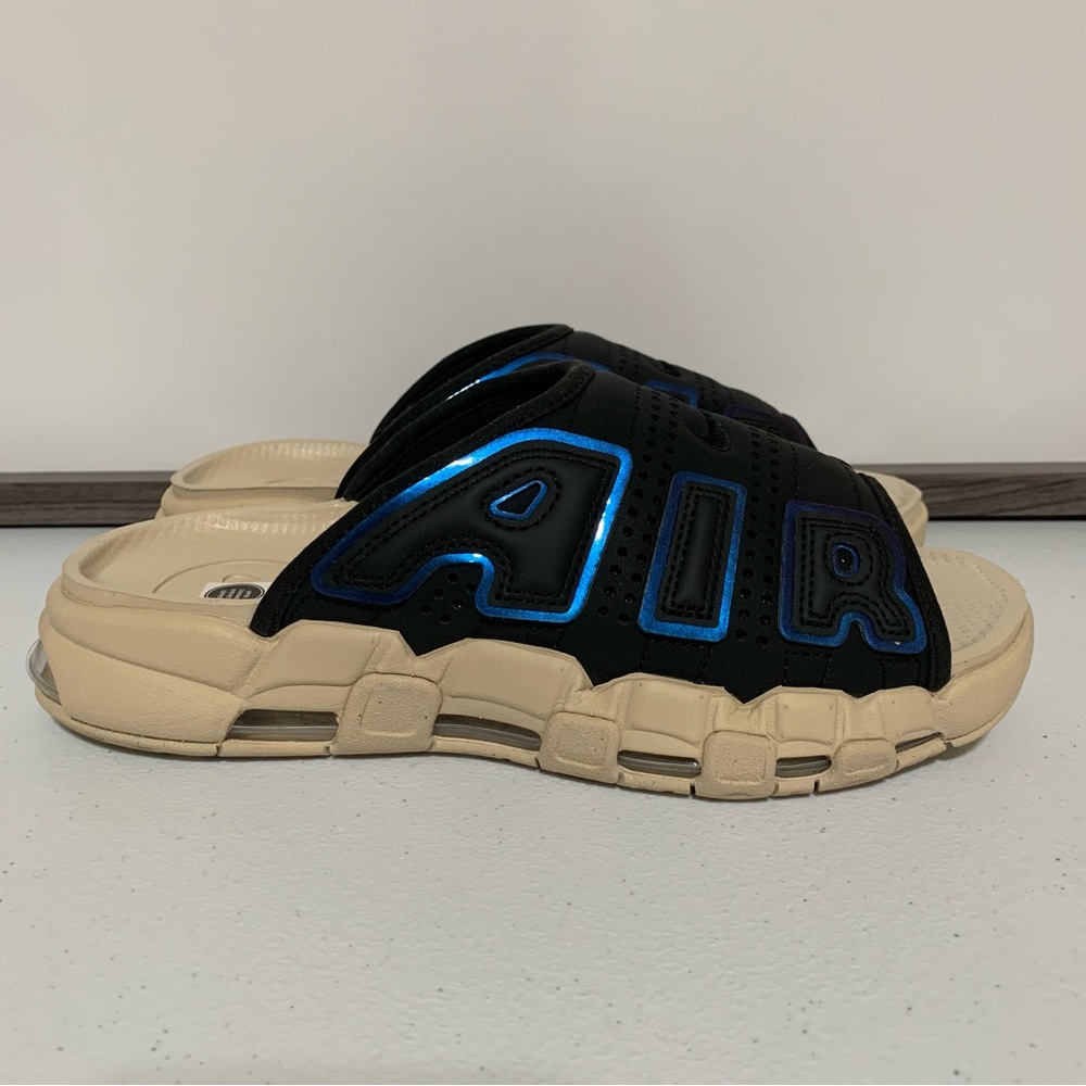 Nike Air More Uptempo “Black/Multi-Color/Sanddrift/Clear” Slides-Size 7 NWOT